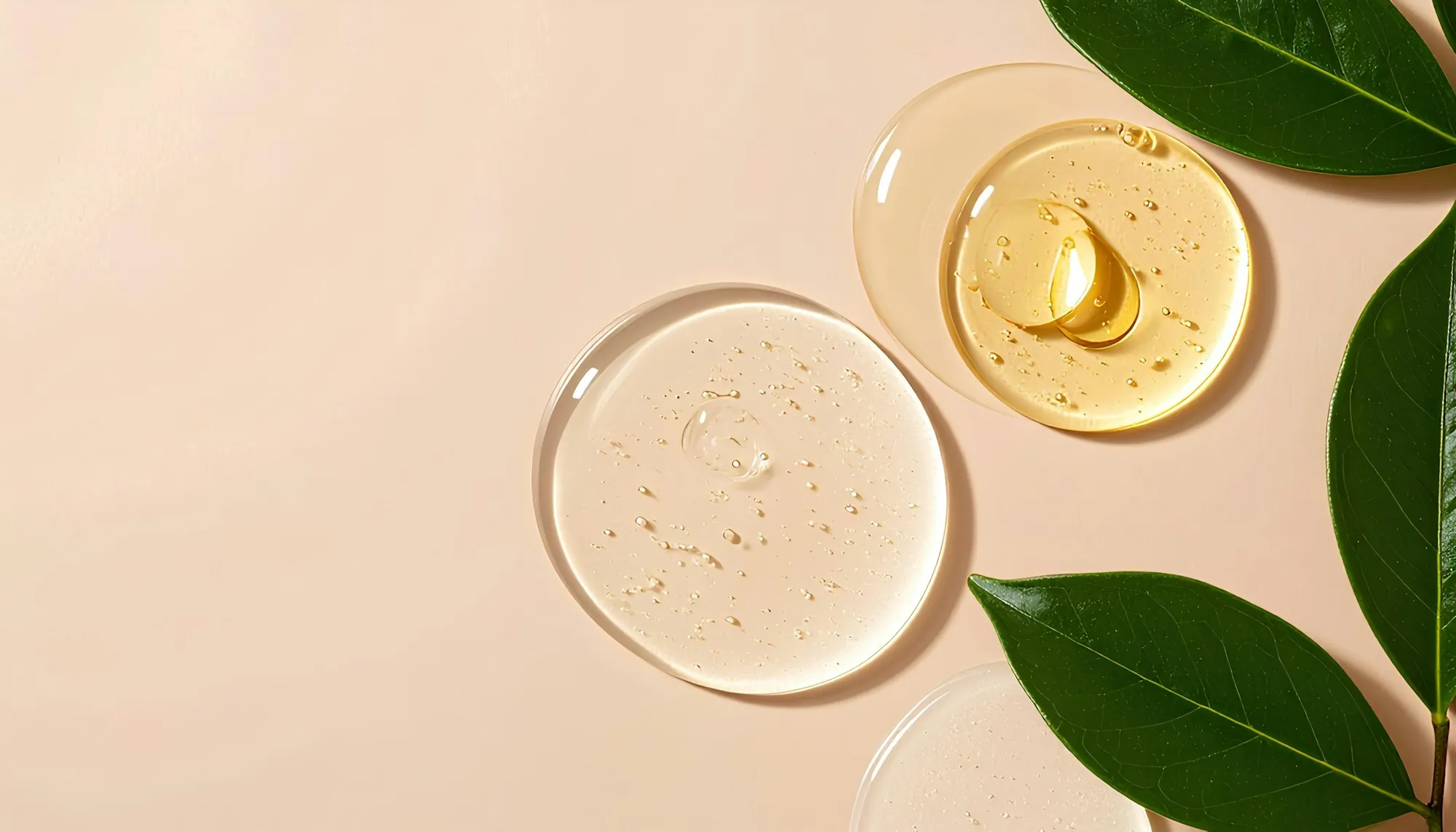 Drops of serum and oil in glass dishes with green leaves